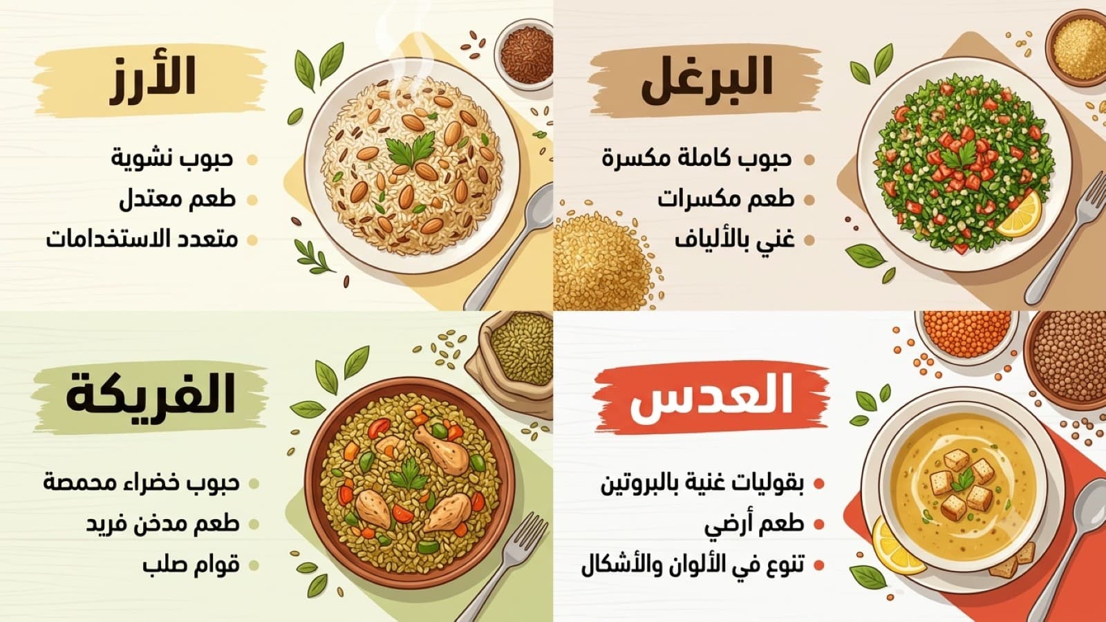 الفرق بين الأرز والبرغل والفريكة والعدس